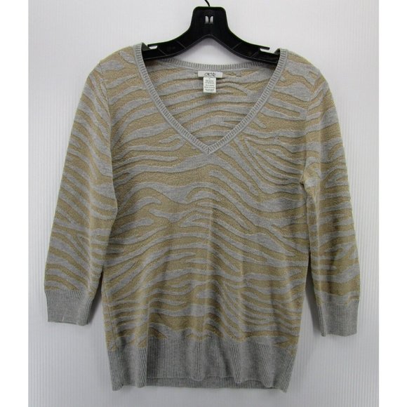 Cache Sweater Medium Pullover V-Neck Metallic Knit Animal Print - Picture 1 of 9
